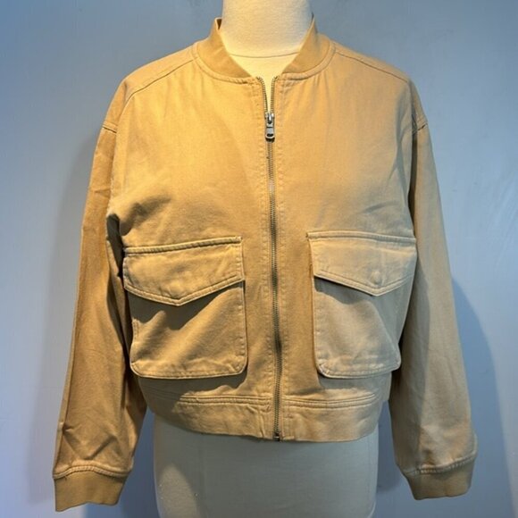Nicole Miller New York tan/camel 100% cotton cropped denim zip jacket size L NWT - Picture 1 of 11